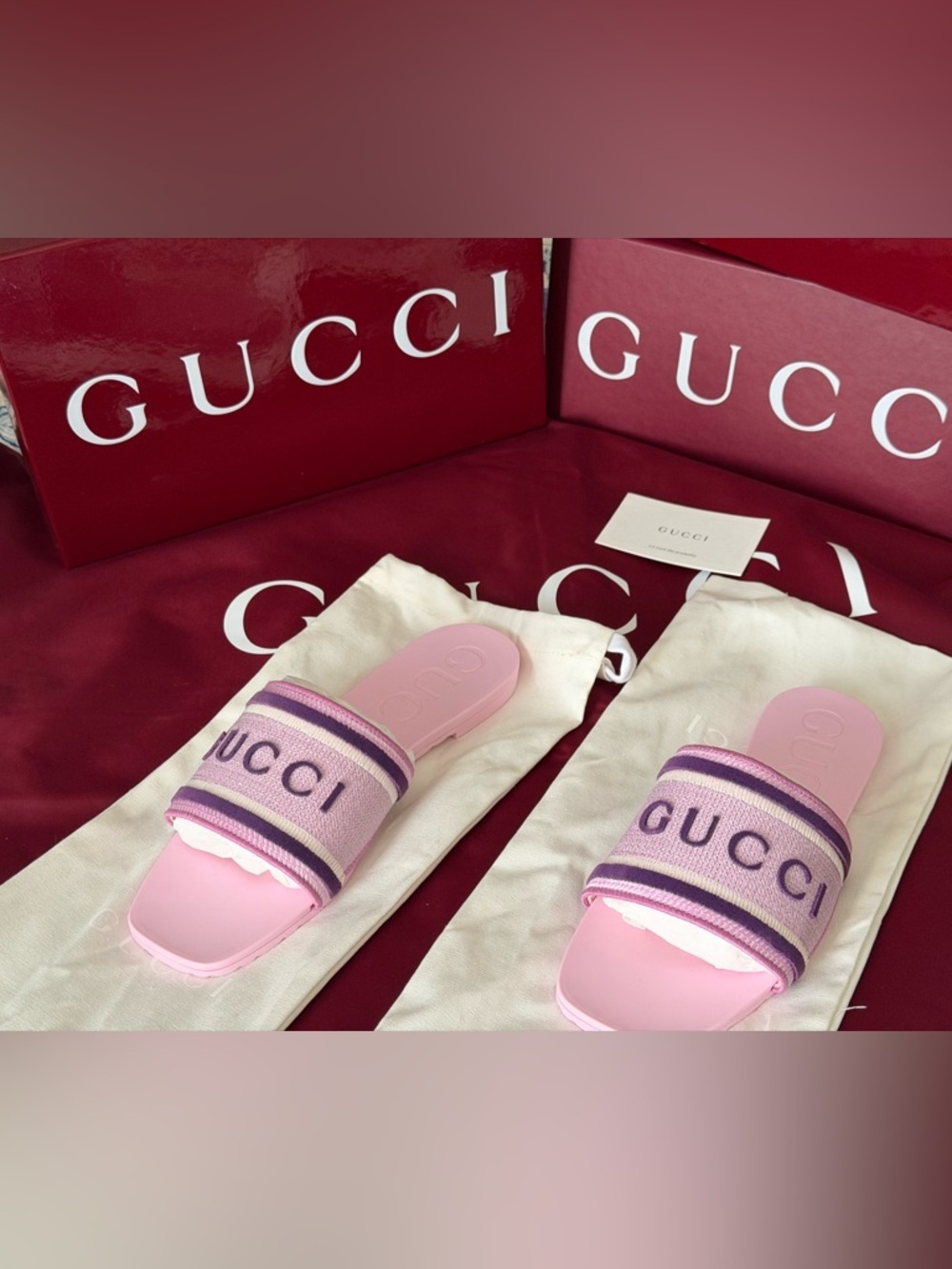 Gucci Pink & Pink  Embroidered Logo Slide Sandals 38 NIB